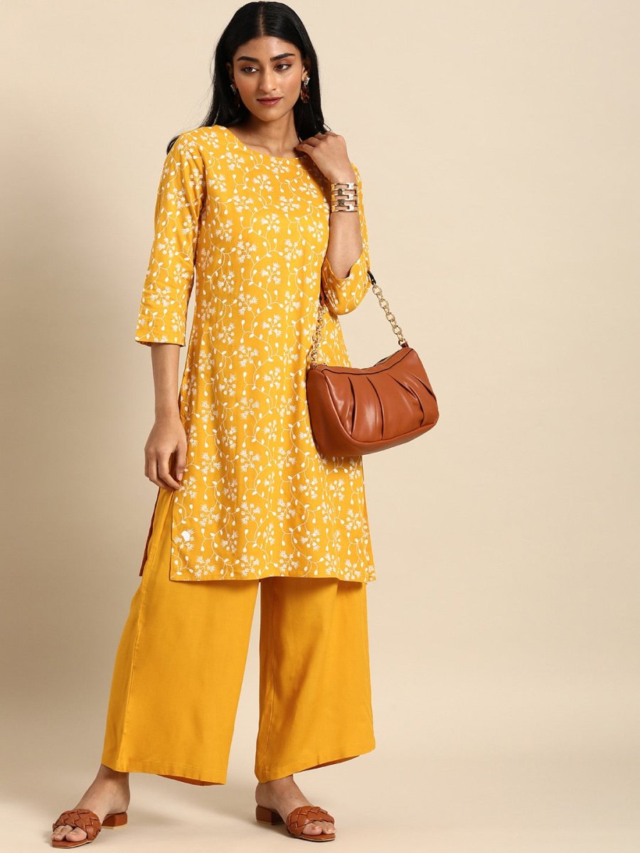 All About You Women Yellow Floral Printed Pure Cotton Kurta with Palazzos | Grocsy