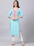 Souchii Women Blue & Pink Embroidered Round Neck Straight Kurta | Grocsy
