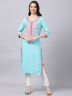 Souchii Women Blue & Pink Embroidered Round Neck Straight Kurta | Grocsy