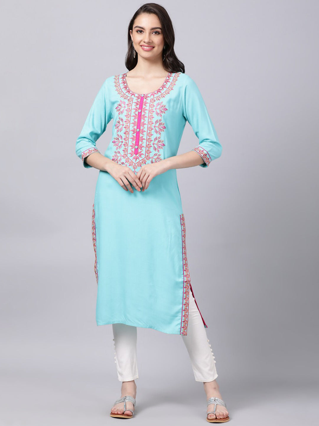 Souchii Women Blue & Pink Embroidered Round Neck Straight Kurta | Grocsy