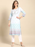 Sangria Women Turquoise Blue Floral Embroidered Kurta | Grocsy