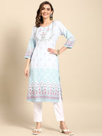 Sangria Women Turquoise Blue Floral Embroidered Kurta | Grocsy