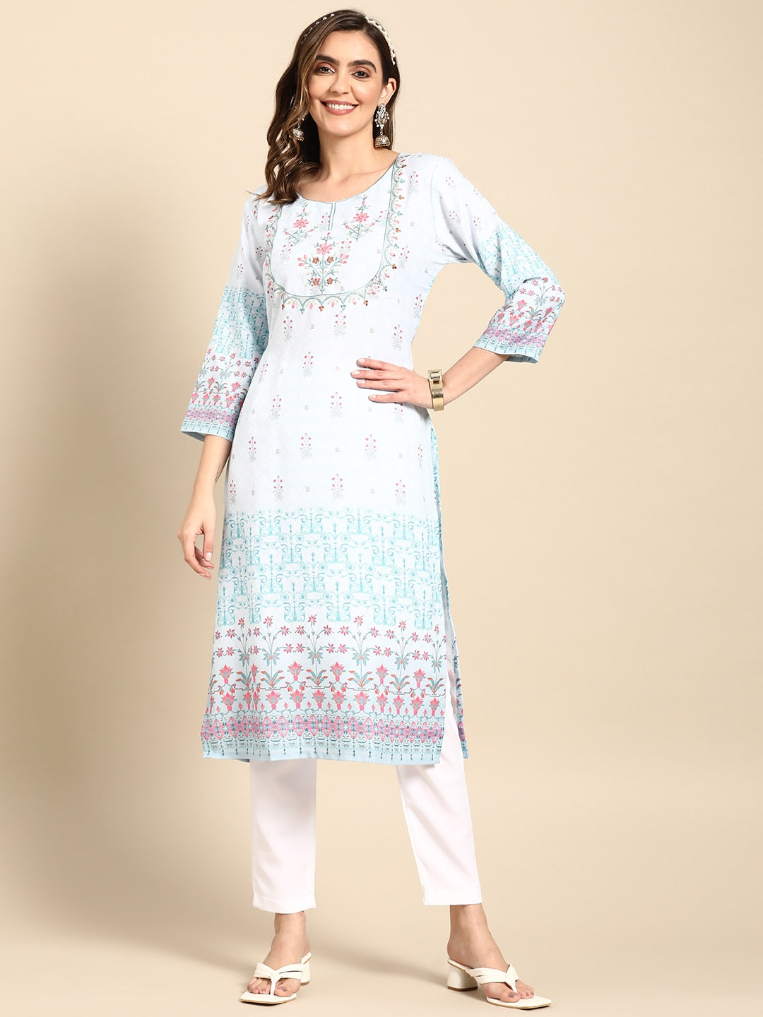Sangria Women Turquoise Blue Floral Embroidered Kurta | Grocsy