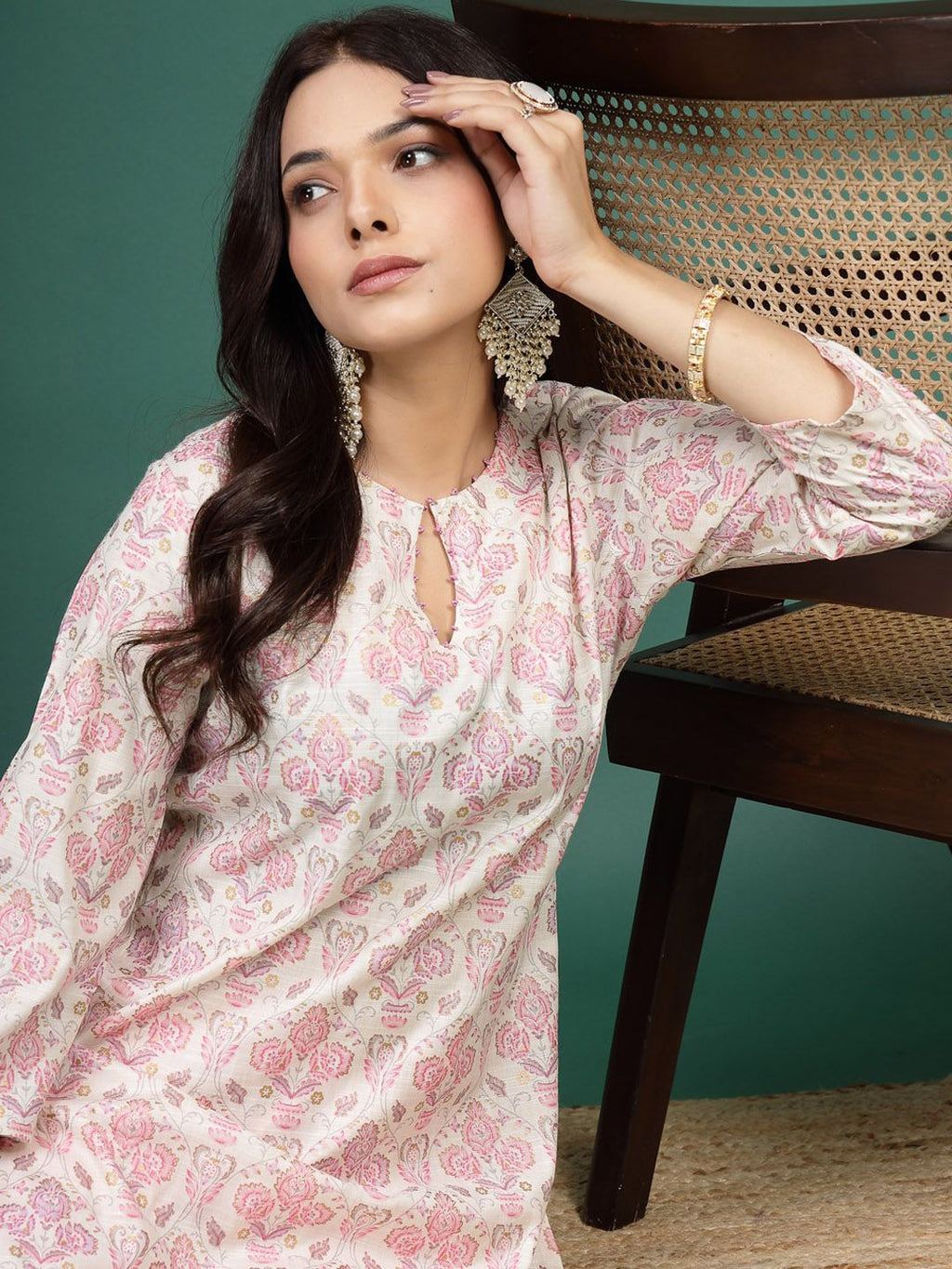 Sangria Floral Printed Cotton Notch Neck Straight Kurta | Grocsy