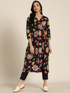 Sangria Women Black & White Geometric Print Cotton Angrakha Kurta with Trousers | Grocsy