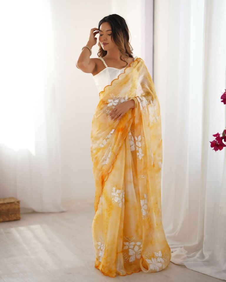 Yellow Jimmy Choo Printed, Sequence Embroidery Work Saree - Saima | Grocsy