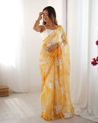 Yellow Jimmy Choo Printed, Sequence Embroidery Work Saree - Saima | Grocsy