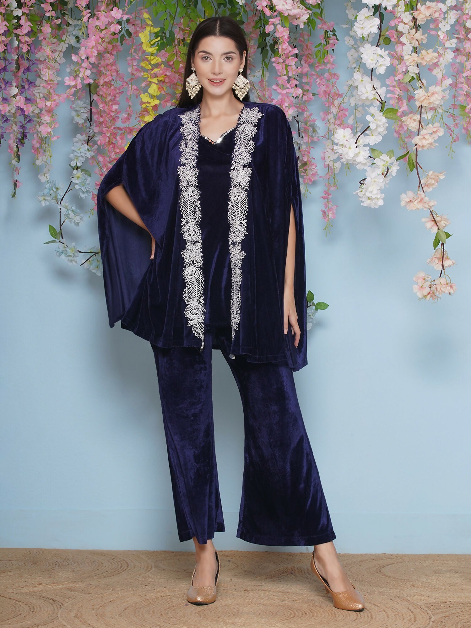 Joban Fashion Navy Blue Velvet Cape Set | Grocsy