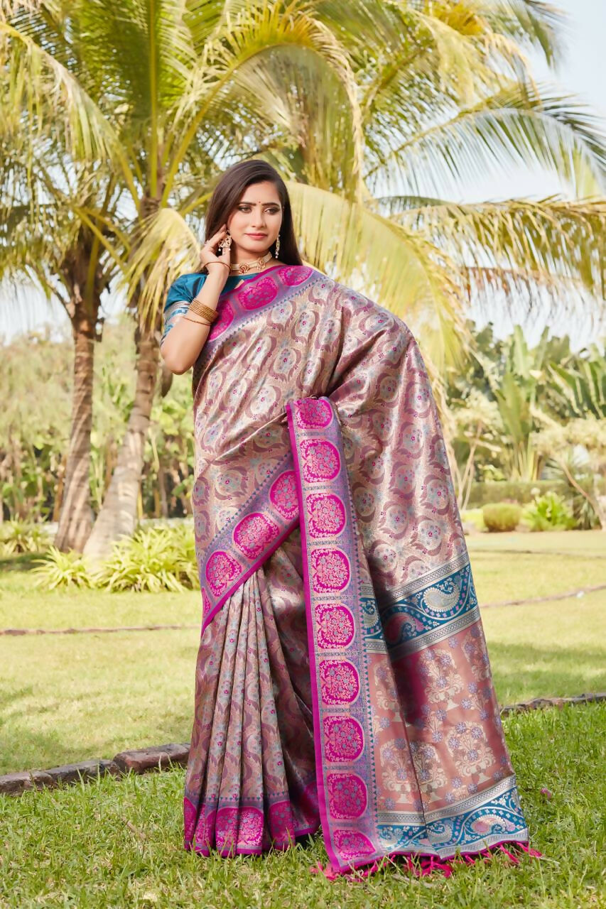 Vastranavya Boutique Collection Kanjivaram Soft Silk Saree With Unstitched Blouse -  Dark_Peach | Grocsy