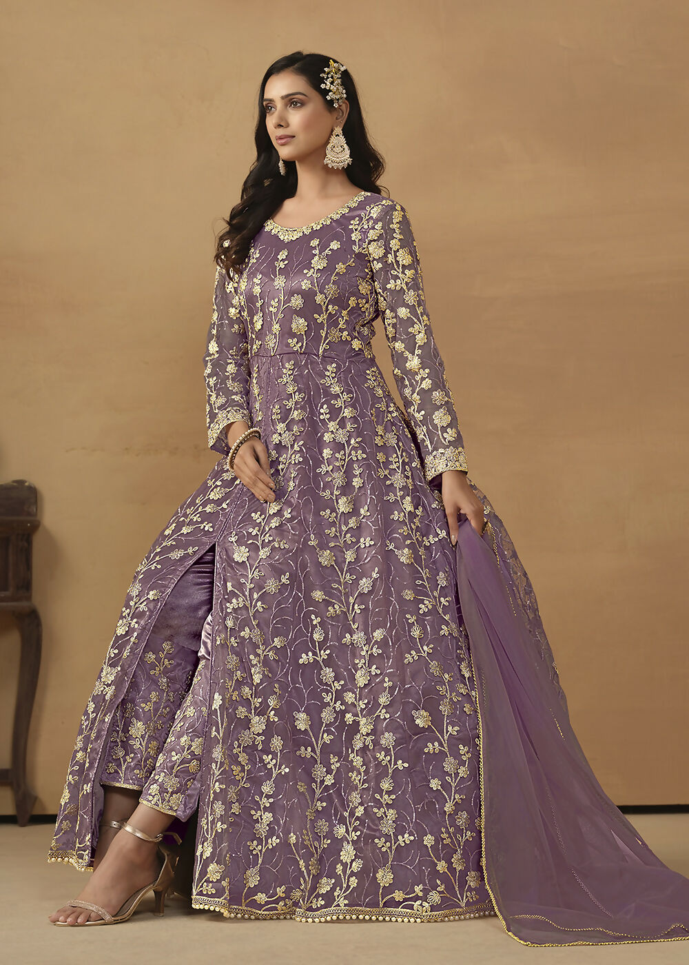 Pant Style Purple Embroidered Net Wedding Anarkali Suit - Emponline | Grocsy
