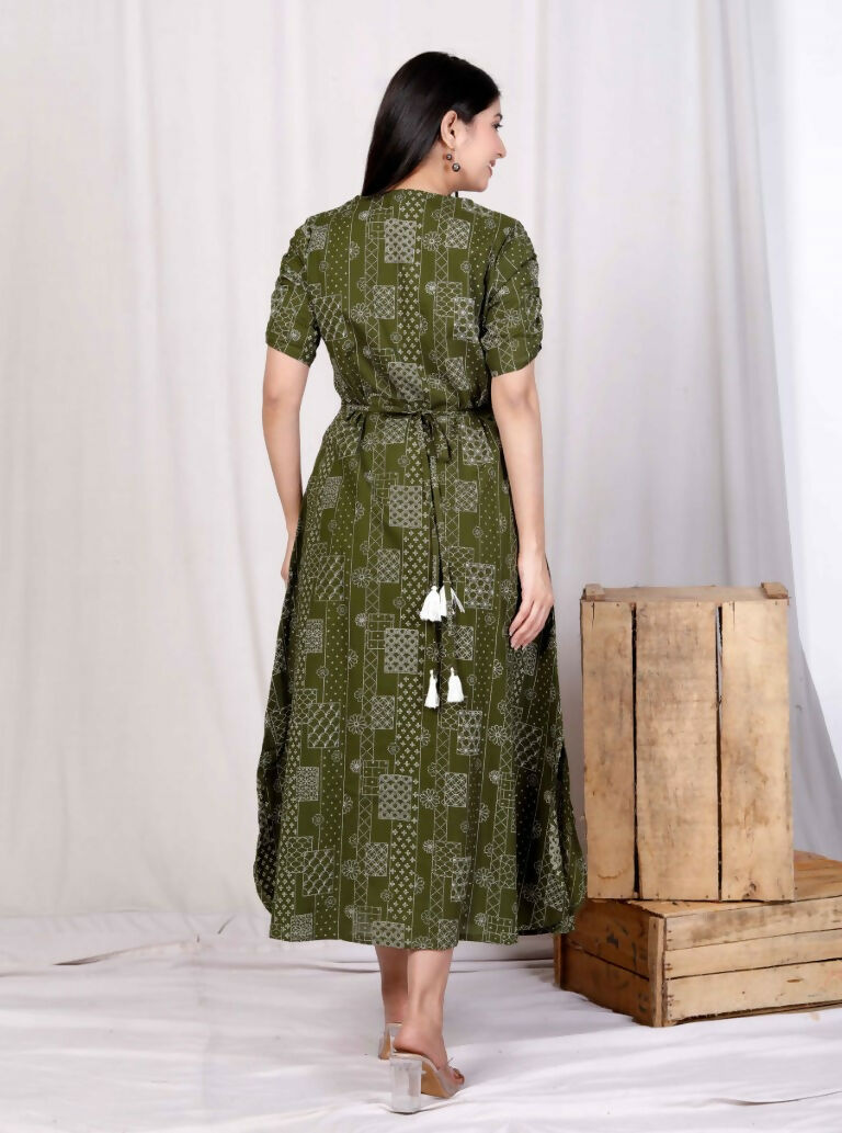 Miravan Women's Pure Cotton Floral Printed Green Button Down A-Line Midi Dress | Grocsy