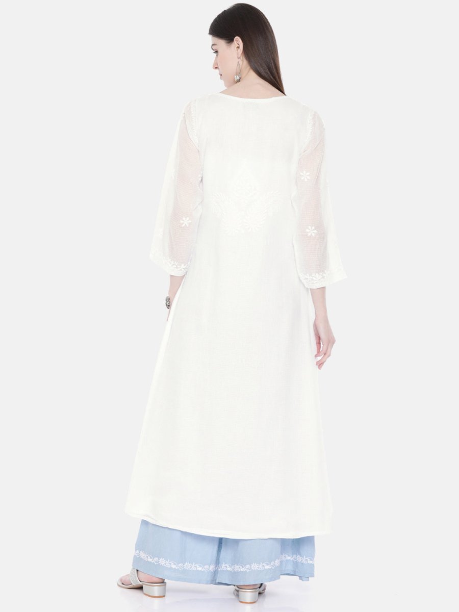 ADA Women White Embroidered Layered A-Line Chikankari Sustainable Kota Handloom Kurta | Grocsy