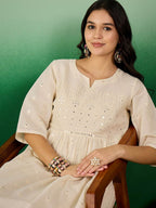 Sangria Off White Floral Embroidered Mirror Work Pure Cotton Anarkali Kurta Set | Grocsy