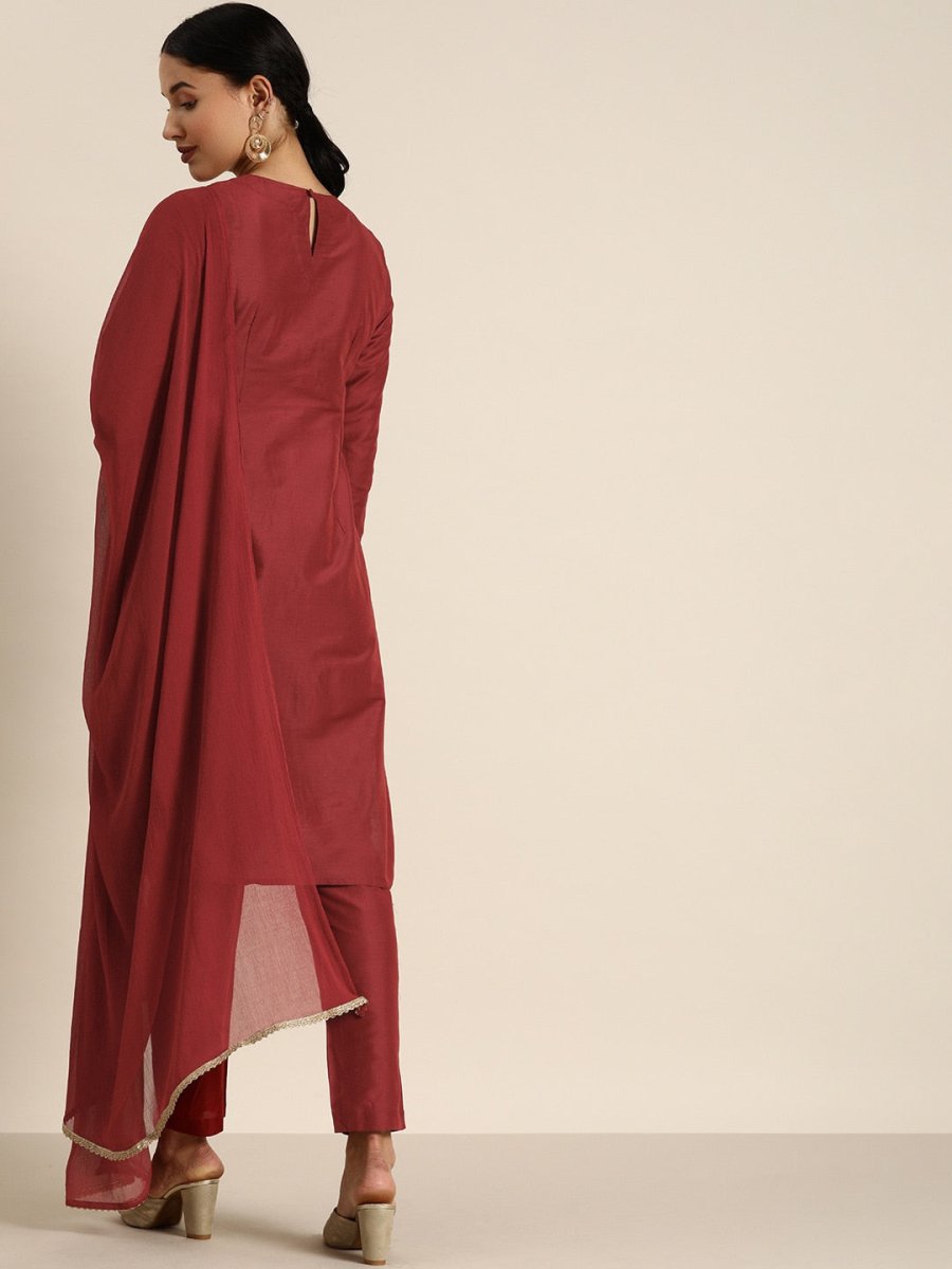 All About You Women Maroon & Golden Satin Finish Kurta with Trousers & With Dupatta | Grocsy