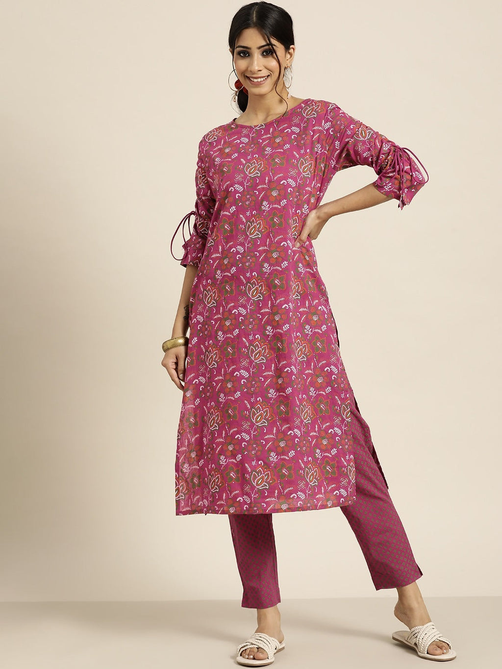 Sangria Women Purple Ethnic Motifs Printed Pure Cotton Kurta with Trousers | Grocsy