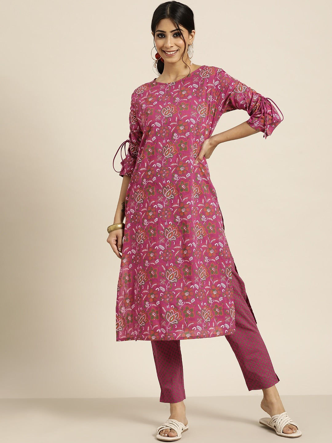 Sangria Women Purple Ethnic Motifs Printed Pure Cotton Kurta with Trousers | Grocsy