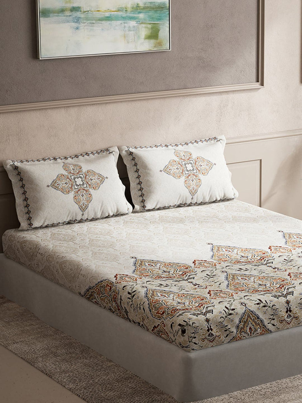 DDecor Orange & Red Ethnic Motifs Cotton 140 TC King Bedsheet With 2 Pillow Covers | Grocsy