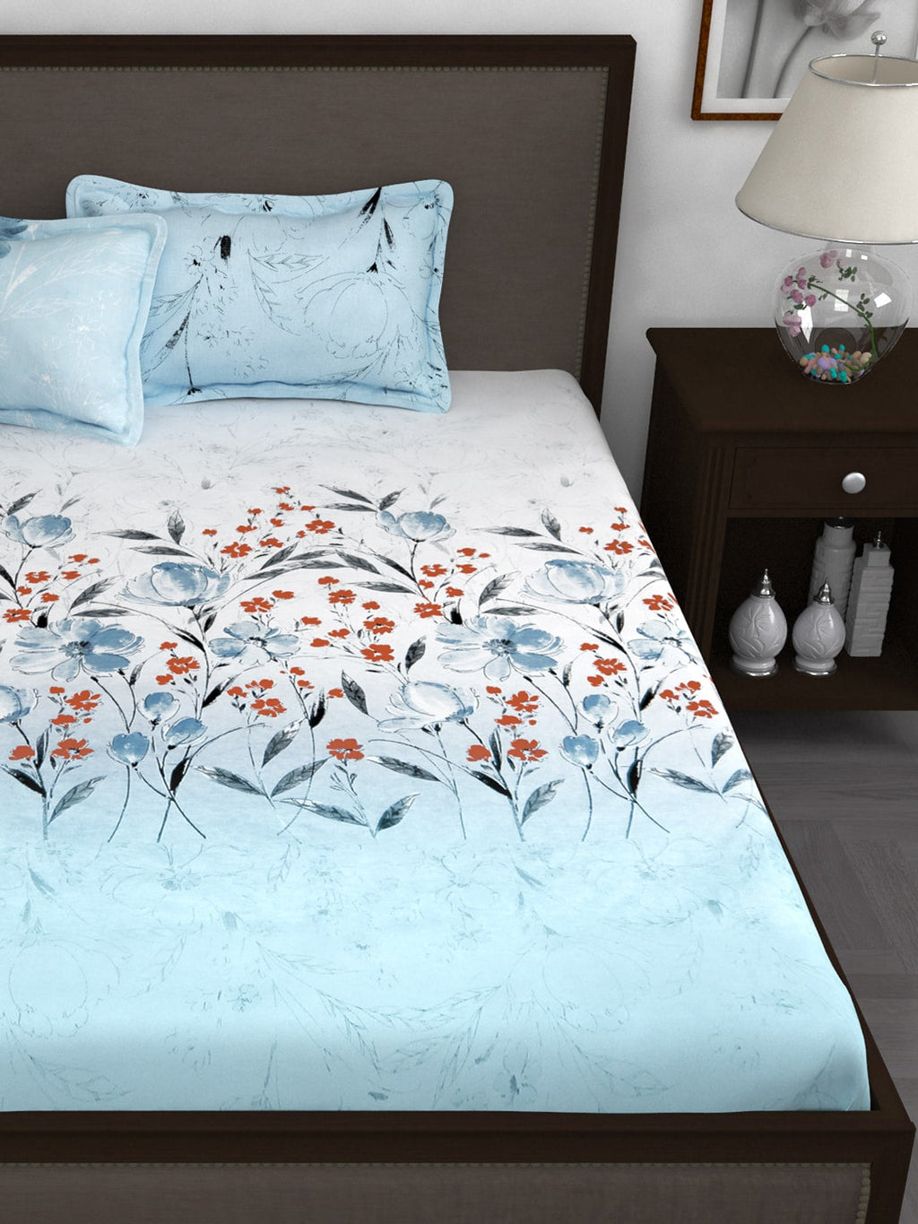 Story@home White & Blue Floral 210 TC Cotton 1 King Bedsheet with 2 Pillow Covers | Grocsy