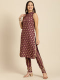 All About You Women Brown Ethnic Motifs Printed Pure Cotton Kurta with Trousers | Grocsy