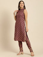 All About You Women Brown Ethnic Motifs Printed Pure Cotton Kurta with Trousers | Grocsy