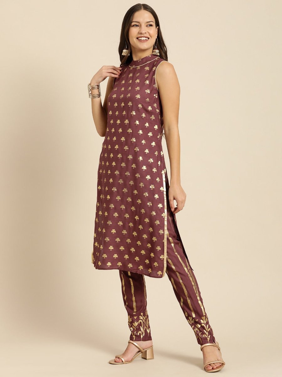 All About You Women Brown Ethnic Motifs Printed Pure Cotton Kurta with Trousers | Grocsy