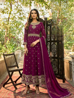 Wine Heavy Faux Georgette Anarkali Embroidered Kurta Set - Dhvani | Grocsy