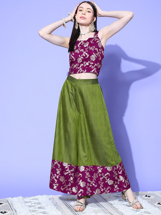 InWeave Women's Wine Brocade Strappy Top W Olive Wine Brocade Palazzo Set | Grocsy