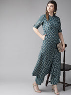 Aks Chevron Printed Band Collar A-Line Kurta | Grocsy