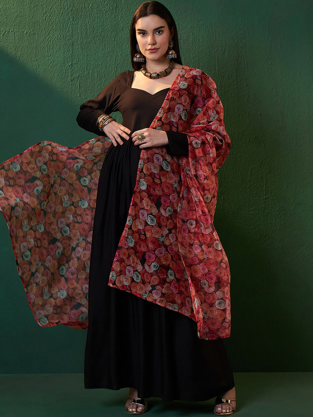 Sangria Black Sweetheart Neck Anarkali Kurta With Dupatta | Grocsy