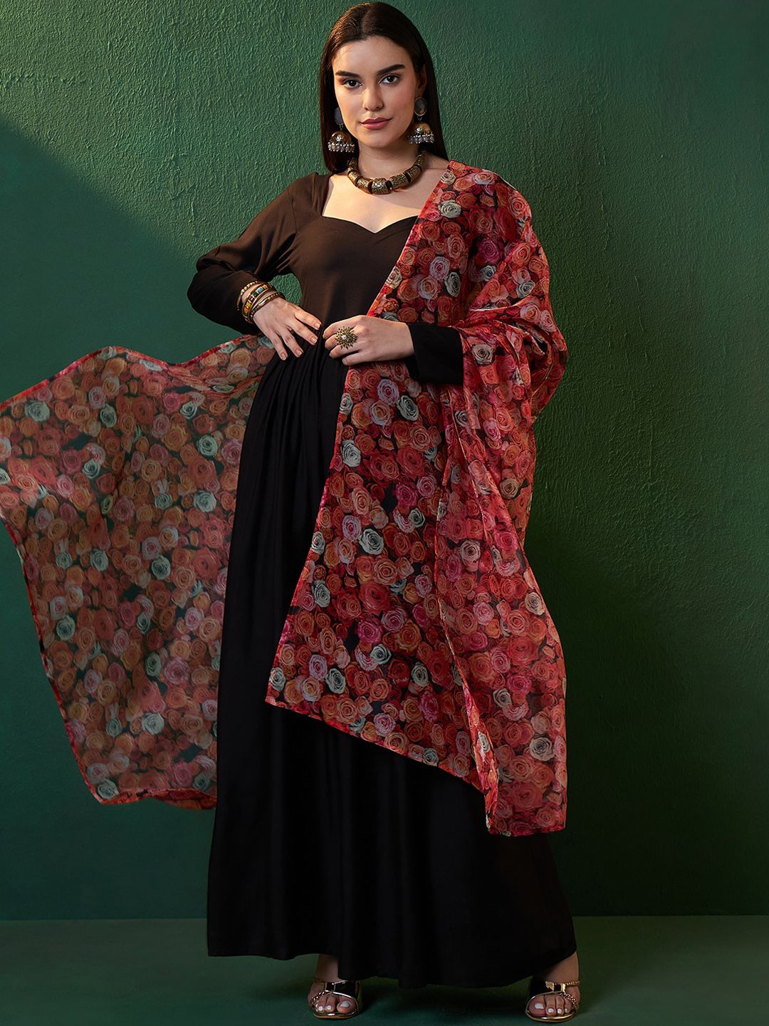 Sangria Black Sweetheart Neck Anarkali Kurta With Dupatta | Grocsy