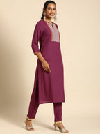 All About You Women Purple Ethnic Motifs Yoke Design Regular Thread Work Kurta with Trousers | Grocsy