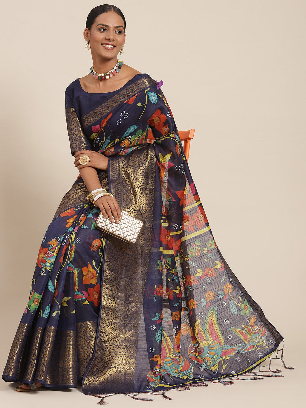 Saree Mall Navy Blue Kalamkari Saree | Grocsy