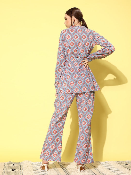InWeave Women's Blue Pink Ogee Print Belted Coord Set | Grocsy