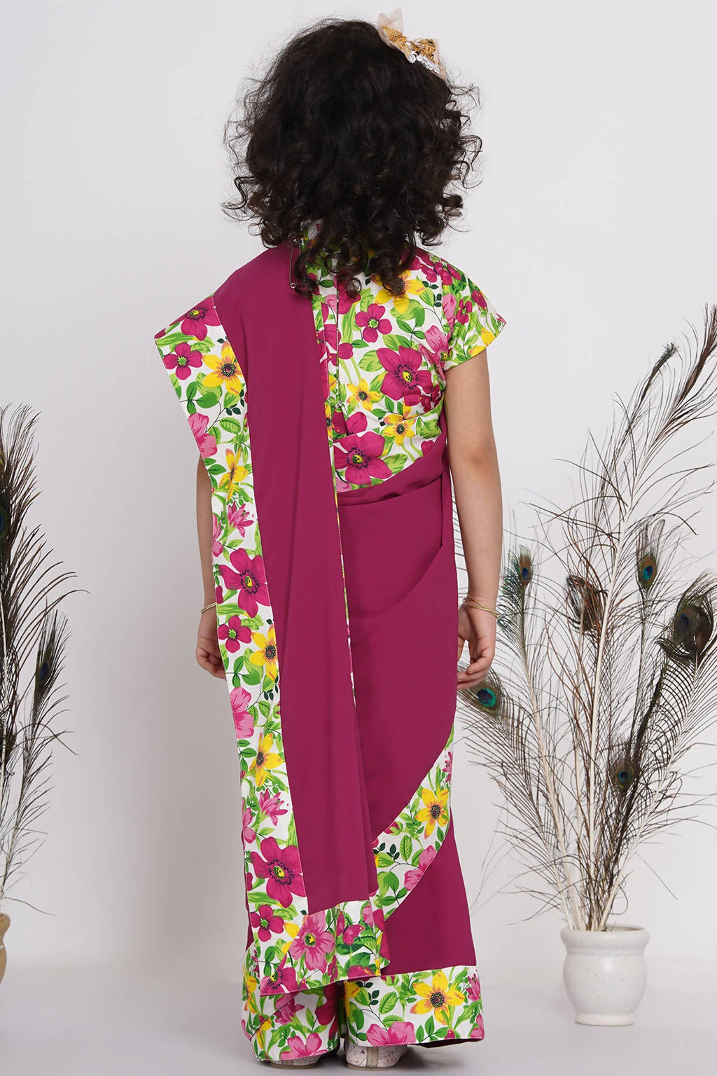 Little Bansi Girls Floral Print Ready to Wear Saree and Floral Blouse - Magenta | Grocsy