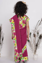 Little Bansi Girls Floral Print Ready to Wear Saree and Floral Blouse - Magenta | Grocsy