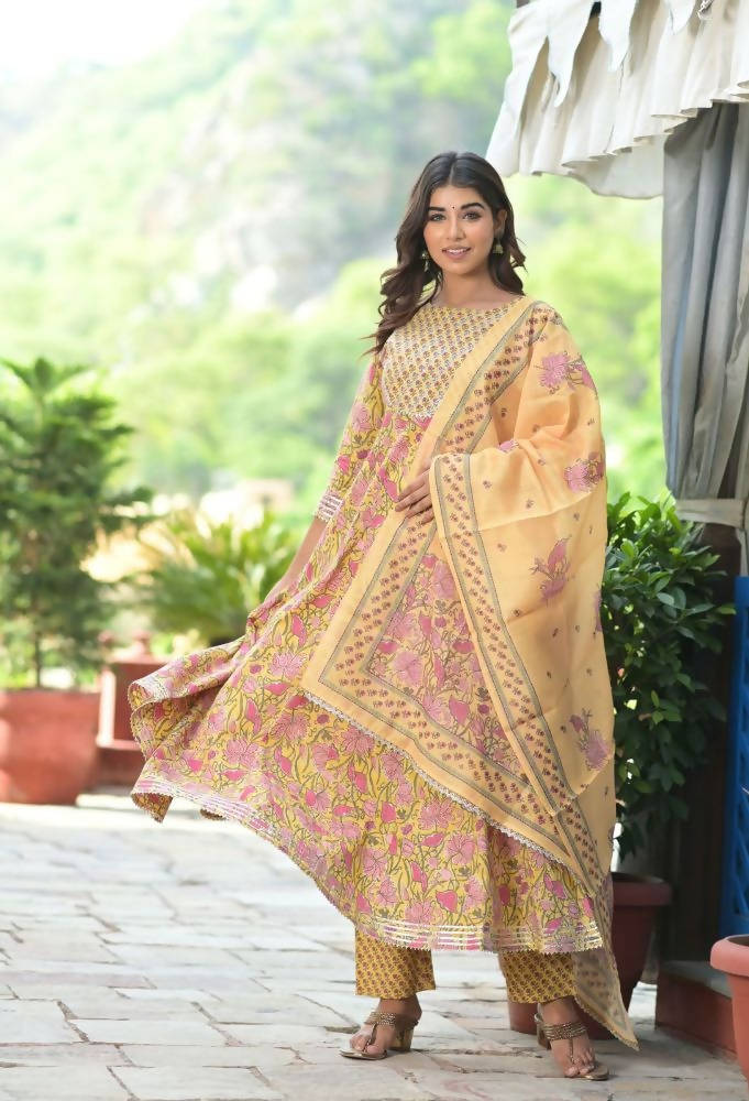 Yufta Women Yellow Floral Printed Pure Cotton Anarkali Kurta with Trouser & With Dupatta | Grocsy