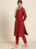 All About You Women Maroon & Golden Embroidered Regular Kurta with Trousers & Dupatta | Grocsy