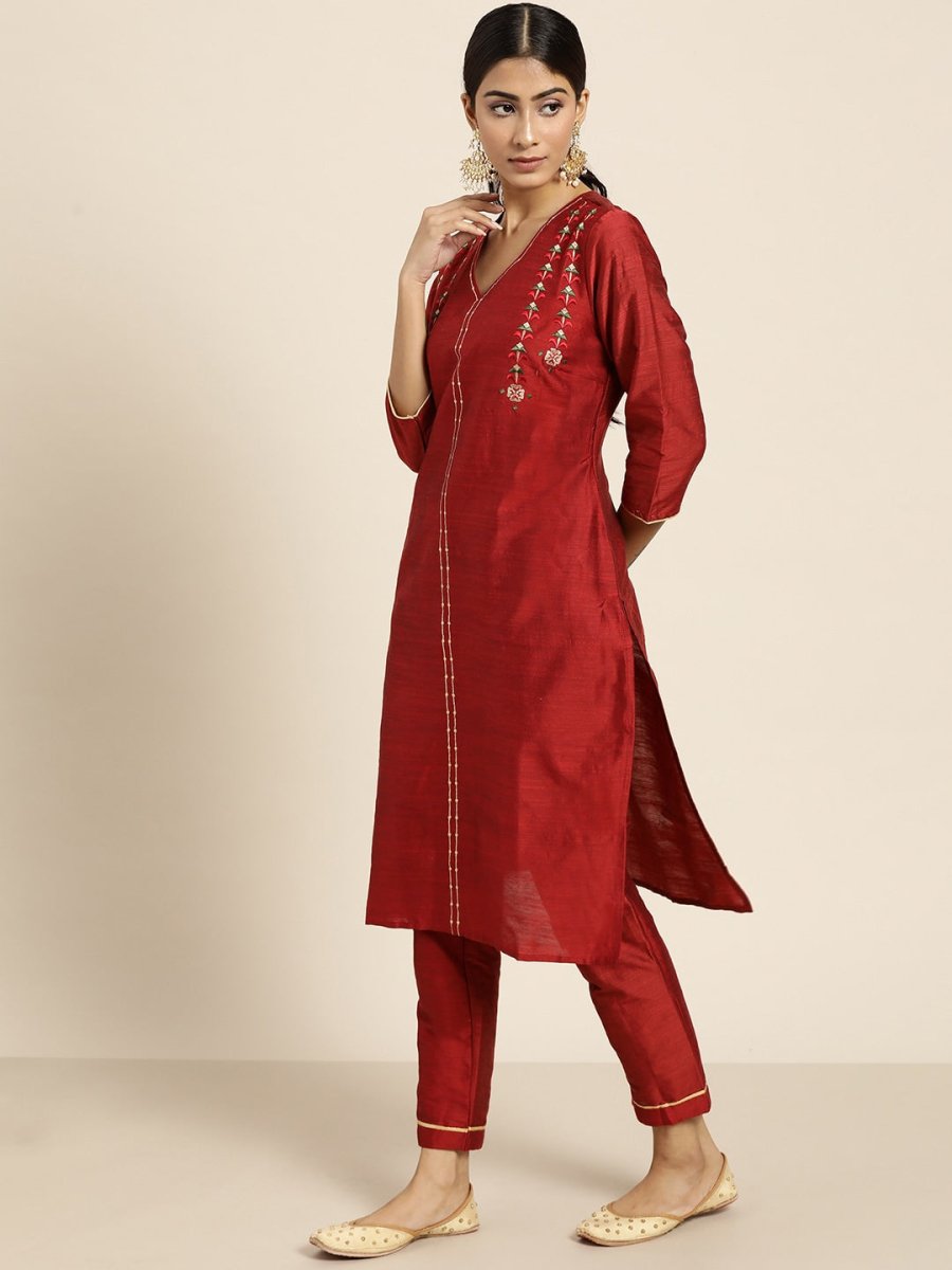 All About You Women Maroon & Golden Embroidered Regular Kurta with Trousers & Dupatta | Grocsy