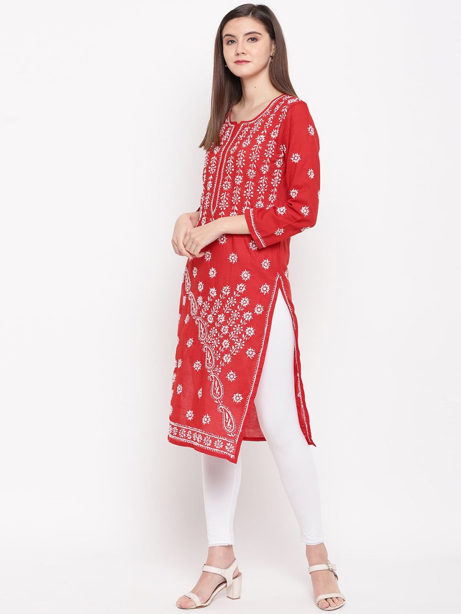ADA Women Red & White Chikankari Hand Embroidered Straight Sustainable Kurta | Grocsy