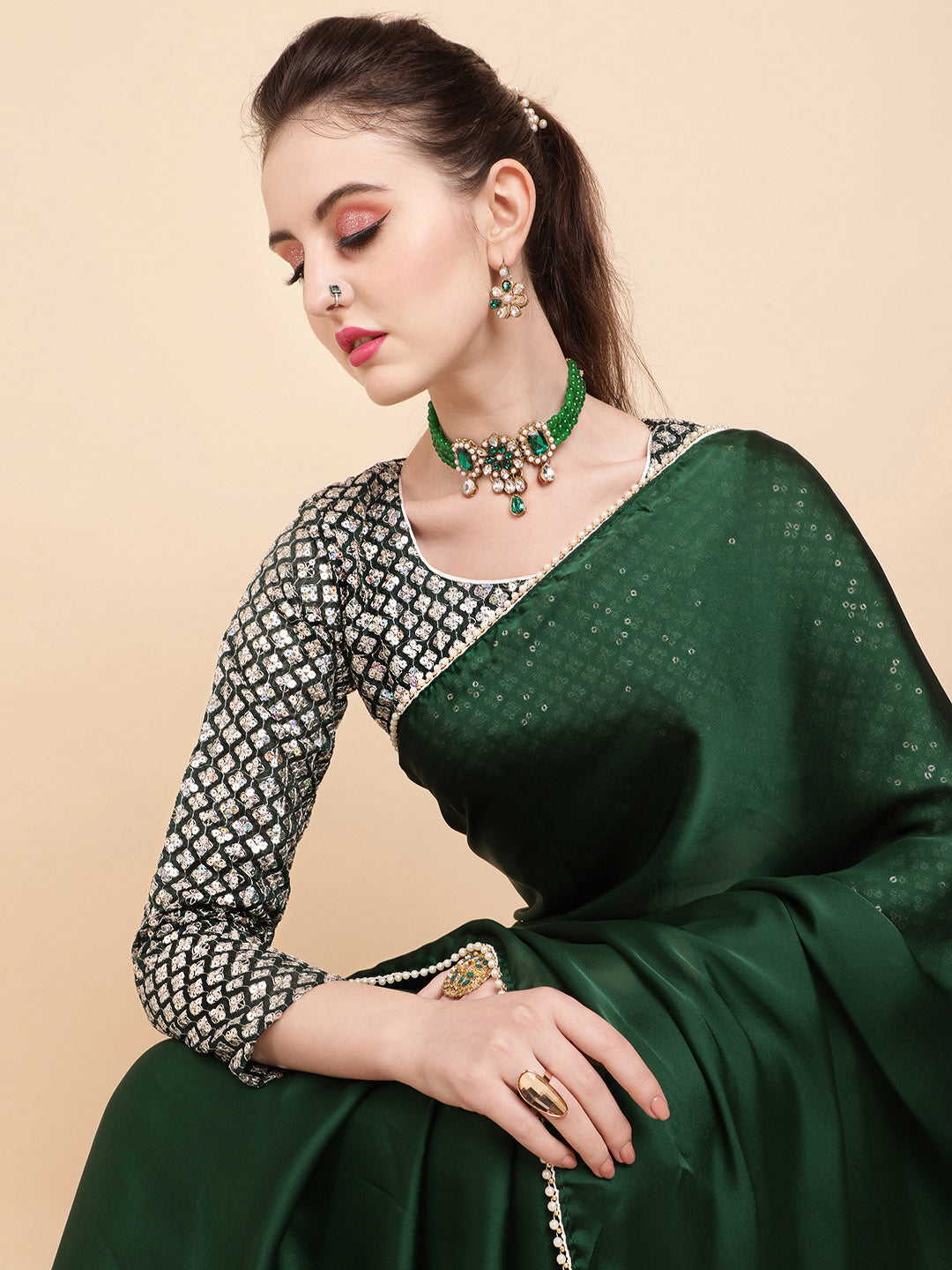 Sangria Green Sequinned Satin Saree | Grocsy