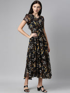 Souchii Women Black Floral Chiffon Maxi Dress | Grocsy