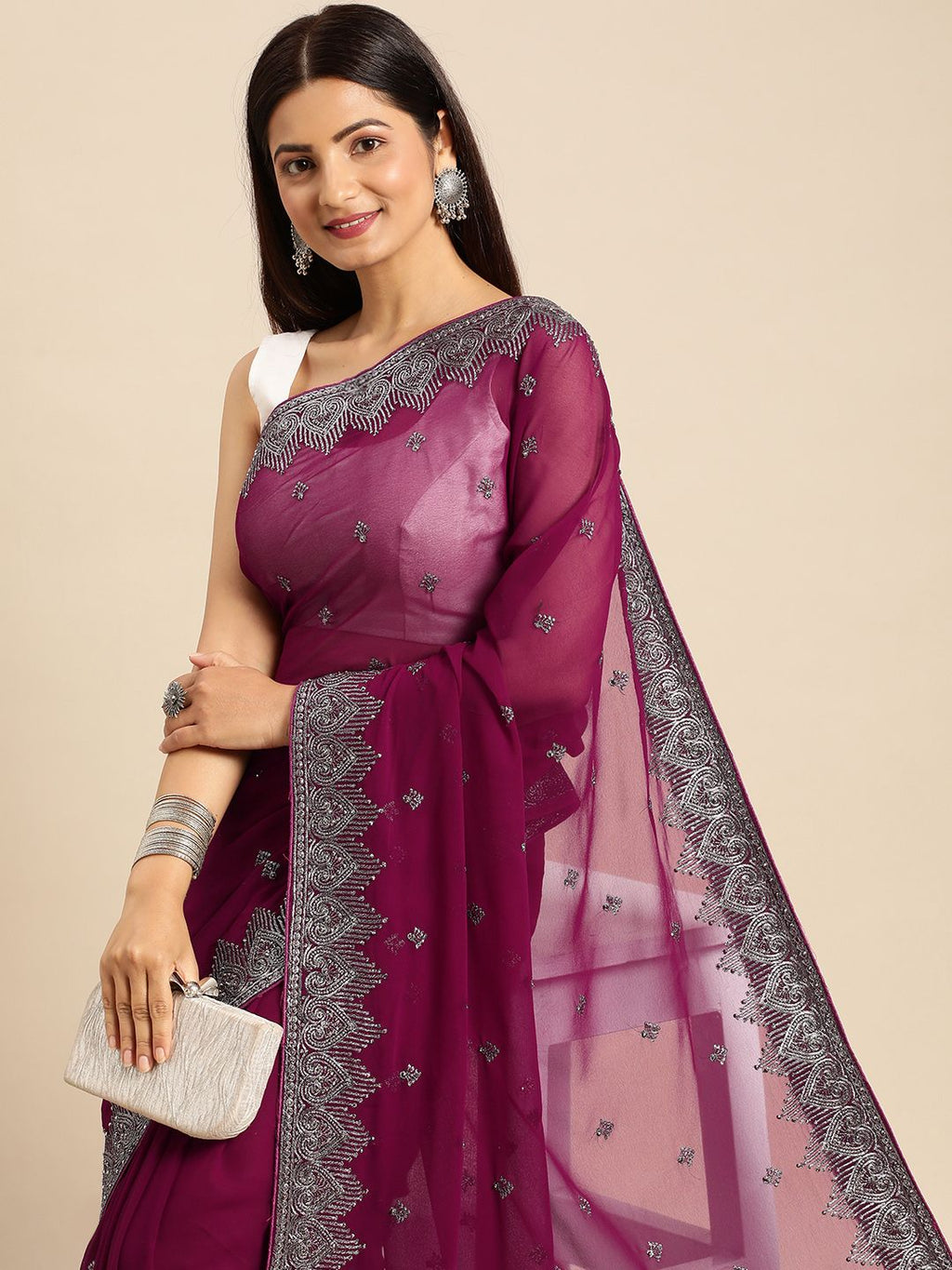kasee Embroidered Ethnic Motifs Zari Pure Georgette Saree | Grocsy