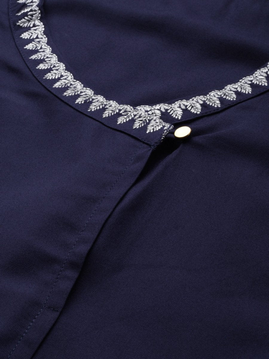 All About You Women Navy Blue Embroidered Kurta with Trousers | Grocsy