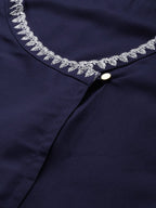 All About You Women Navy Blue Embroidered Kurta with Trousers | Grocsy