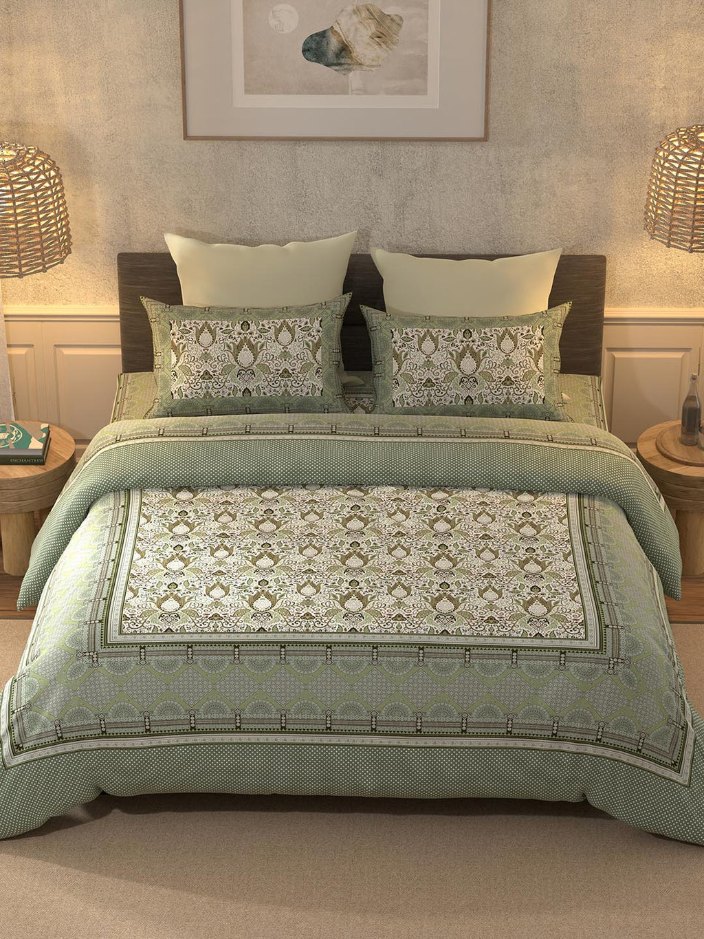 BELLA CASA Teal & Off White Printed 350 TC King Pure Cotton 2 Pillow Covers Bedsheet | Grocsy