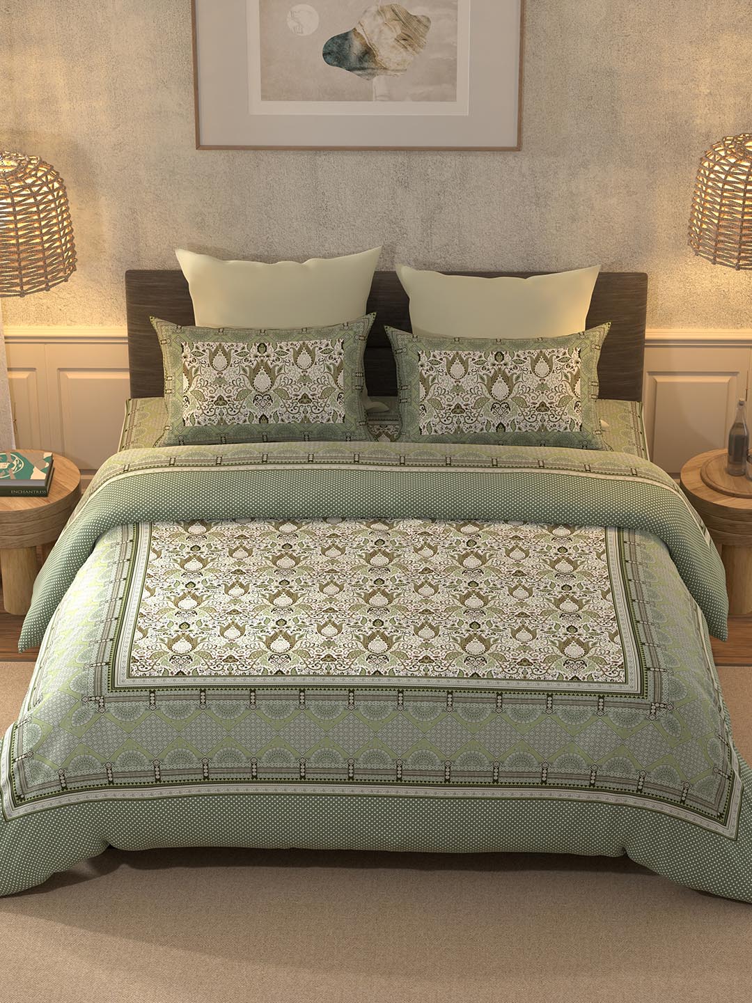 BELLA CASA Teal & Off White Printed 350 TC King Pure Cotton 2 Pillow Covers Bedsheet | Grocsy