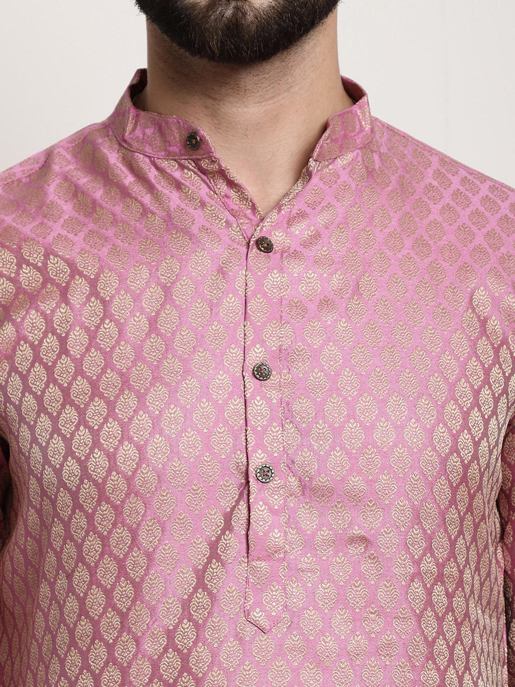 Sojanya Men Pink & Off-White Woven Design Kurta with Churidar | Grocsy