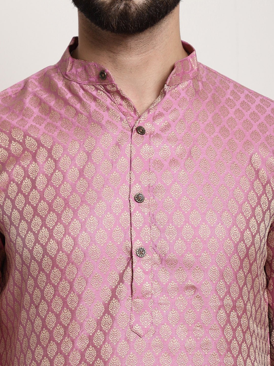 Sojanya Men Pink & Off-White Woven Design Kurta with Churidar | Grocsy