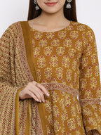 HERE&NOW Mustard Yellow Floral Printed A-Line Kurta with Dhoti Pants & With Dupatta | Grocsy