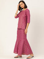 HERE&NOW Women Pink And Black Ethnic Printed Pure Cotton Kurti With Palazzo And Dupatta | Grocsy